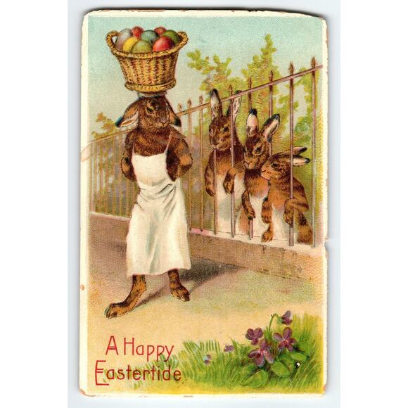 Vintage Easter Postcard with Rabbits & Basket of Eggs, B.W. Easter Germany - Picture 1 of 2